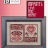 Cross-stitched design with hearts and text on a pink background, featuring 'Heart in Hand' brand.