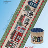 Cross-stitched design of a town with a small container on a blue background, featuring 'Heart of a Hand' branding.