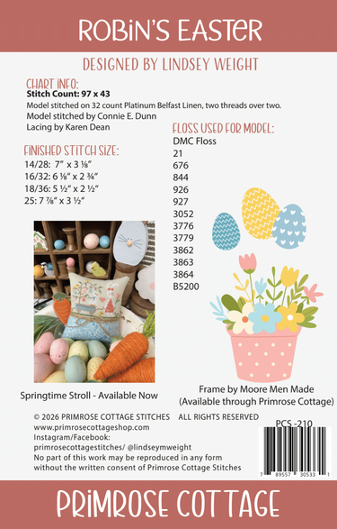 Robin's Easter pattern by Primrose Cottage with design details and Primrose Cottage branding.