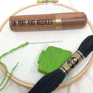 Engraved Needle Case: Snarky Embroidery Cross Stitch Quilting Custom Solid Wood Brass Screw Top Needle Storage Tube Container: On Pins & Needles